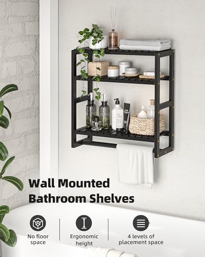 Galood Bathroom Shelves Towel Racks Over Toilet Storage with Bar (Inky) | 3 Tier Floating Wall Mounted Space Saving Bamboo Paper Holder for Bathroom Laundry Room Kitchen Organizers