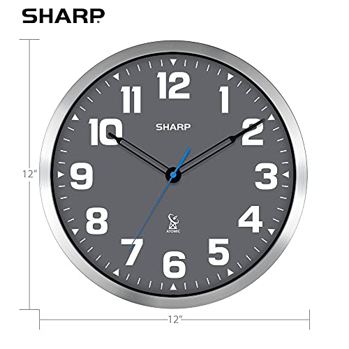Sharp 12-Inch Atomic Wall Clock, Battery Powered, Grey Face Silver Frame | Self-setting atomic time; Easy-read analog face; Automatic time adjustment; Simple setup; Versatile home or office style - color: Silver / Grey, size: Large
