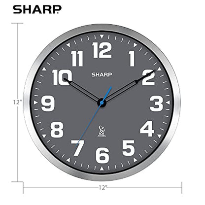 Sharp 12-Inch Atomic Wall Clock, Battery Powered, Grey Face Silver Frame | Self-setting atomic time; Easy-read analog face; Automatic time adjustment; Simple setup; Versatile home or office style - color: Silver / Grey, size: Large