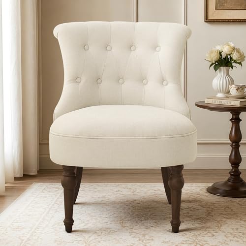 Upholstered Accent Chair, French Country Side Chair (1, Beige) | with Tufted Backrest, Thick Padded Seat and Solid Wood Legs for Bedroom, Living Room, Vanity & Reading Nook - color: Beige