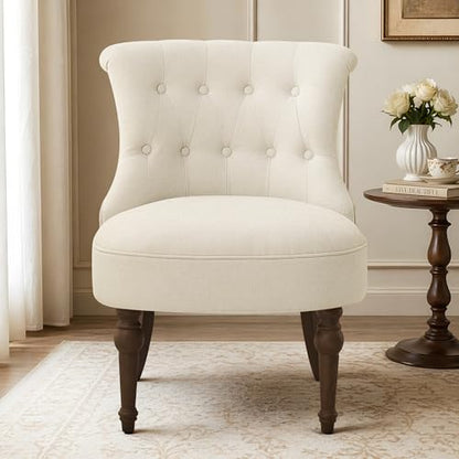 Upholstered Accent Chair, French Country Side Chair (1, Beige) | with Tufted Backrest, Thick Padded Seat and Solid Wood Legs for Bedroom, Living Room, Vanity & Reading Nook - color: Beige