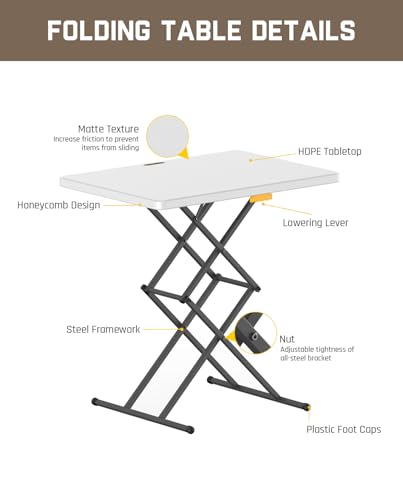 FanttikOutdoor Small Folding Table Quick Adjust 3 Heights, TV Tray, Dining | 2-Second One-Handed Adjustable Height, Foldable Laptop Desk, Lowering Lever, No Assembly, 28 inch, White Zeta X1 Apex