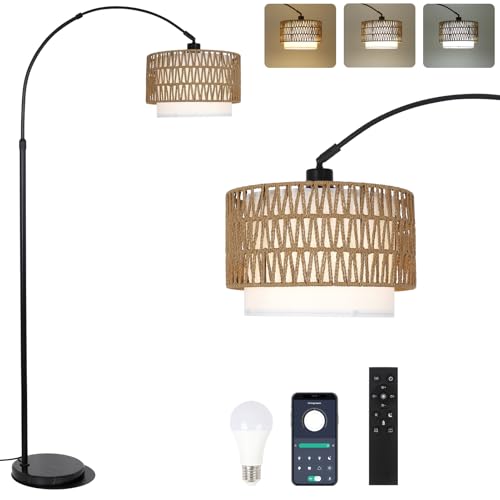 eyassi Arc Floor Lamp with Remote, Modern LED Floor Lamp with Dimmable Bulb, Boho Farmhouse Standing lamp with Fabric & Rattan Lampshades, Height Adjustable Black Tall Lamp for Living Room Bedroom - style: Farmhouse