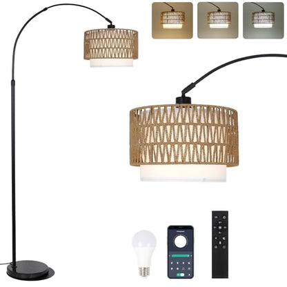 eyassi Arc Floor Lamp with Remote, Modern LED Floor Lamp with Dimmable Bulb, Boho Farmhouse Standing lamp with Fabric & Rattan Lampshades, Height Adjustable Black Tall Lamp for Living Room Bedroom - style: Farmhouse