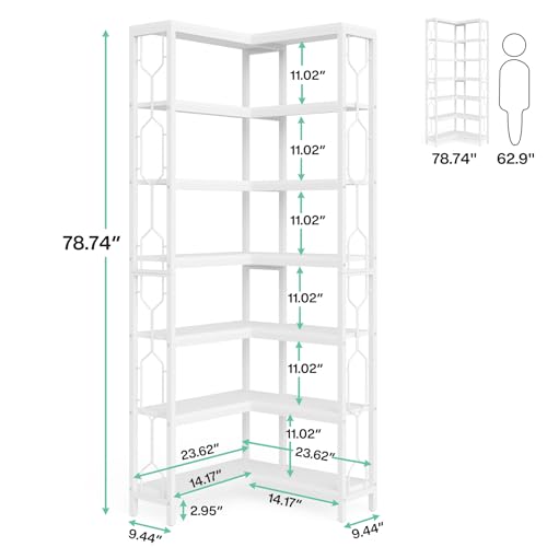 Tribesigns Corner Shelf, 7-Tier Industrial Corner Bookshelf, Wood and Metal Corner Etagere Bookcase, Freestanding Display Shelf for Living Room, Kitchen, Home Office, White - color: White