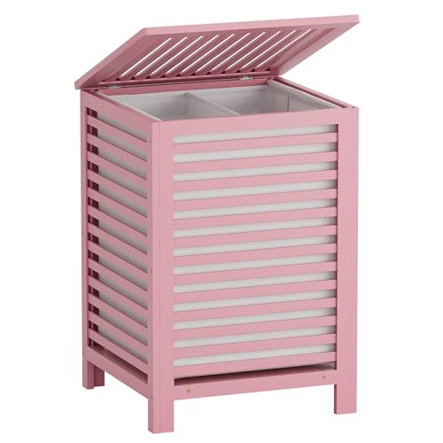 SMIBUY Double Laundry Hamper with Lid, 120L Bamboo Laundry Basket with Removable Liner Bag, 2-Section Clothes Divider Laundry Sorter for Laundry Room, Bathroom, Bedroom (Pink) - color: Pink