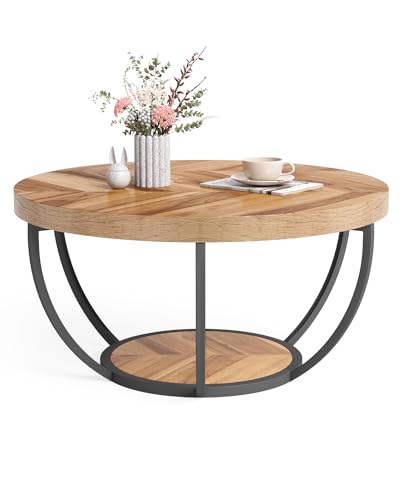 LITTLE TREE Round Coffee Table, 32" Circle Coffee Tables for Living Room | 2-Tier Wood Accent Center Table with Open Storage Industrial Design Home Furniture (Wood Grain and Black) - color: Wood Grain and Black