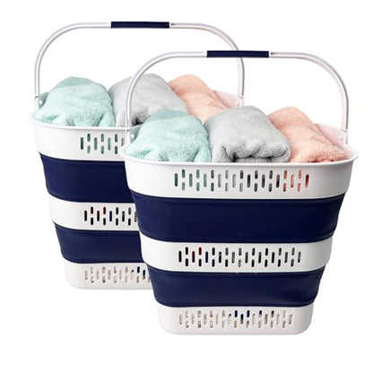SAMMART 38L (10 Gallon) Collapsible Plastic Laundry Basket - Portable Pop-Up Storage Container/Organizer – Foldable Space Saving Laundry Hamper (2, White/Starry Blue) - color: White/Starry Blue