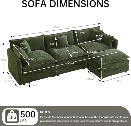 Modular Sectional Sofa, 112.2 Inch L Shaped Couch Set with Armrests, 3-Seater Comfy Cloud Couches with Movable Ottoman for Living Room Apartment, Green Sofa - color: Green, size: 112'' - L Shape