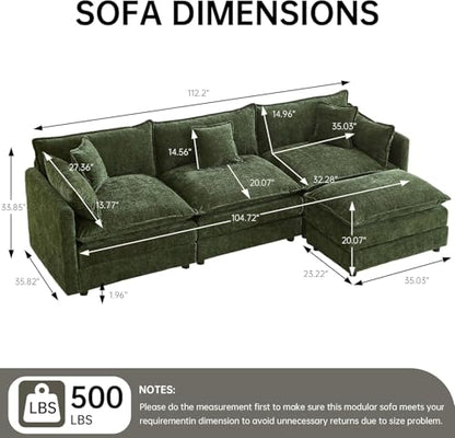Modular Sectional Sofa, 112.2 Inch L Shaped Couch Set with Armrests, 3-Seater Comfy Cloud Couches with Movable Ottoman for Living Room Apartment, Green Sofa - color: Green, size: 112'' - L Shape