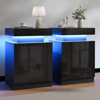 Nightstands Set 2, 15 Inches LED Night Stand Set of 2, Modern Bedside Table with LED Lights, High Gloss Surface, End Table with Storage for Bedroom, Black - color: Black-15"