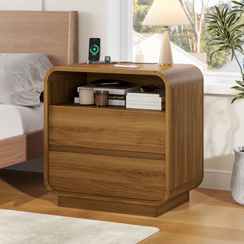 HAUOMS 23.6" Wide Wood Bedside Table, Curved Profile Design, Walnut | Charging Station, 2 Storage Drawers, 25" Tall Nightstand, Large Mid Century End Table, Bedroom/Living Room, Easy Assembly - color: Walnut