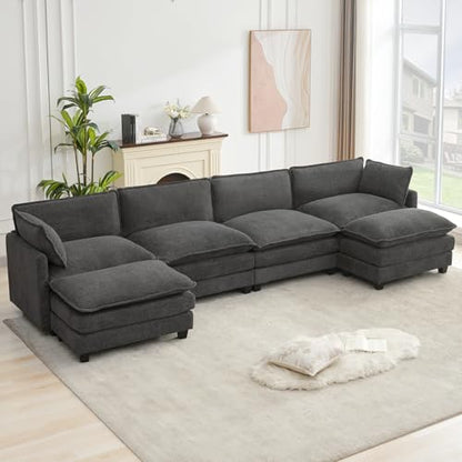 ROWHY Oversized Modular Sectional Couch with 2 Movable Ottoman, 148" Modern Convertible U Shaped Sofa Set, 4 Seat Comfy Cloud Couch with 2 Throw Pillows, for Living Room, Chenille, Charcoal Grey - color: Chenille Dark Grey, size: 6 Seats U-Shaped
