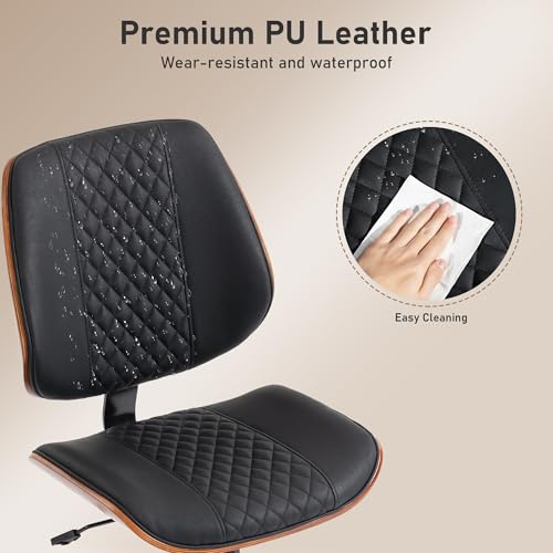 Modern Walnut Home Office Chair, Executive Desk Chair No Arms Black | with Wheels, Adjustable Height, Comfy PU, Deeper Cushion, Mid Back, 360 Swivel Computer Chair - color: Black