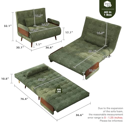 JASIWAY 37" Mid-Century Convertible Sofa Chair Bed Sleeper for Adult, Futon | Space Saving, Sturdy Green Chenille Convertable Guest Bed with Adjustable Backrest, Folding Sofa Chair with Walnut Armrest - color: Mid-century Green, size: 36.6" W Sleeper Chai