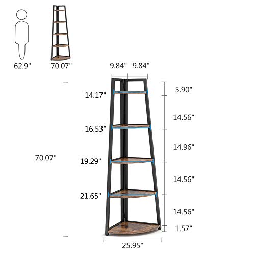 Tribesigns 70 inch Tall Corner Shelf, 5 Tier Rustic Corner Bookshelf Bookcase Industrial Corner Ladder Shelf Plant Stand for Living Room, Kitchen, Home Office (Brown) - color: Brown