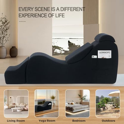 Yoga Chair Lounge for Adult, Ergonomic Chaise Lounge Chair with Side Pocket, Headrest, Waist Pad, Ottoman，Perfect for Stretching, Massage, and Relaxation, Used in Living Room, Bedroom（Black） - color: Black
