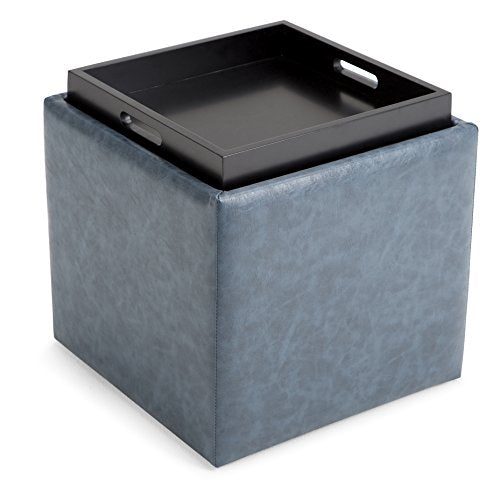 SIMPLIHOME Shay 34" Wide Vegan Leather Storage Ottoman in Saddle Brown | Contemporary ottoman with flip-over tray top and hidden storage; cube storage bench for living room or bedroom. - color: Denim Blue