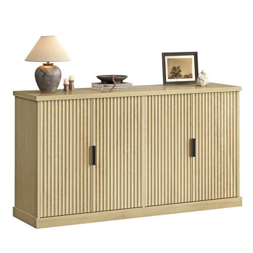VASAGLE MAXE Collection - Buffet Cabinet, Fluted Console Cabinet, Sideboard with Adjustable Shelves, Mid Century Modern Buffet Table, 15.8 x 58.3 x 31.5 Inches, Oak Beige UBBK382Y01S - color: Oak Beige, size: 58.3"W, style: 1 Pack