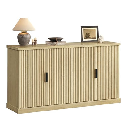 VASAGLE MAXE Collection - Buffet Cabinet, Fluted Console Cabinet, Sideboard with Adjustable Shelves, Mid Century Modern Buffet Table, 15.8 x 58.3 x 31.5 Inches, Oak Beige UBBK382Y01S - color: Oak Beige, size: 58.3"W, style: 1 Pack