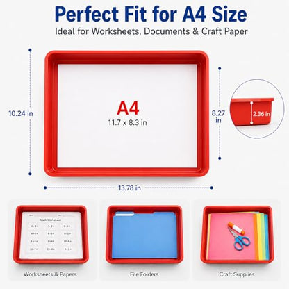 Flat Storage Bins with Lids, Letter Size Paper Storage Bins Set of 4, Stackable Classroom Turn In Bins with Secure Latching Lid, Plastic Storage Organizer for Teachers, Office & Home