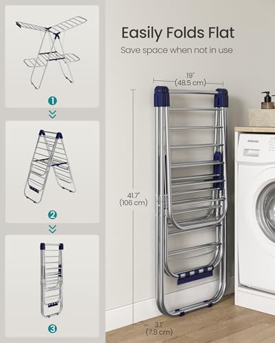 SONGMICS Clothes Drying Rack, Foldable Laundry Drying Rack, Blue | Sock Clips, Metal Clothes Airer with Height-Adjustable Gullwings, Space-Saving, Indoor Outdoor, ULLR506EQ01 - color: Blue, size: 51.2"W x 41.7"/47.6"H