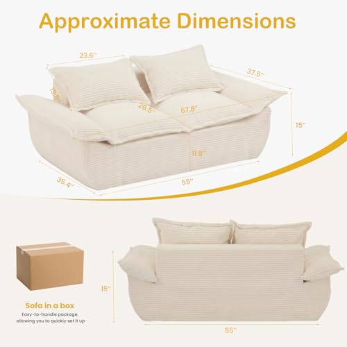 Boneless Loveseat 56", 2-Seater Beige Boneless Sofa with Removable Cushions & 2 Pillows, Small Boneless Couch Compress Foam Sofa for Living Room, Apartments, & Office - color: Beige, size: Loveseat（56")
