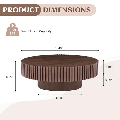 31.49" Walnut Coffee Table Round Wood, Modern Unique Fluted Tea Table, Contemporary Drum Circle Accent Center Table for Living Room, Small Space, Apartment - color: Walnut, size: 31.49 inch