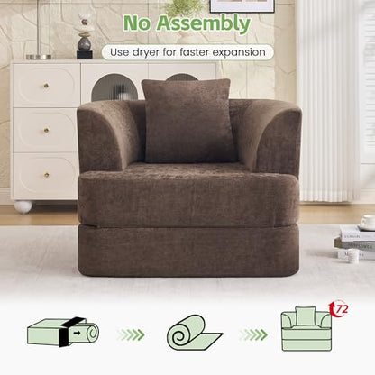 HUBSON 2-in-1 Folding Sofa Bed, Chenille Convertible Single Sleeper Chair Bed, Modern Boneless Foldable Couch, High-Density Foam Lounge Chair for Living Room, Bedroom, No Assembly Required, Brown - color: Brown