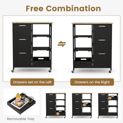 COSTWAY Kitchen Storage Island Cart on Wheels, Kitchen Rolling Trolley Cart with 3 Drawers and Shelves, 360° Wheels & Detachable Tray, Utility Cart for Dining Room, Living Room & Bedroom (Black) - color: Black