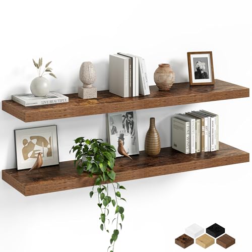 Fun Memories Floating Shelves for Wall, 40 Inch Long Set of 2 Rustic Wood Wall Shelves with Invisible Brackets, Heavy Duty Storage Display for Living Room Bedroom Kitchen, Brown - color: Rustic Brown, size: 8"D x 40"L - 2Pack