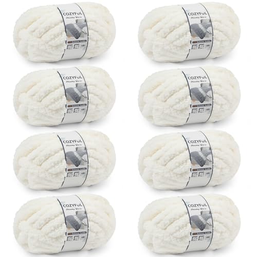 Cozyful Chunky Yarn for Hand Knitting - #10 Chunky Chenille Yarn, Jumbo Big Thick Chunky Yarns for Crocheting, Super Bulky Chunky Knit Blanket Yarns, 8 Skein (22 yds 8 oz Each Skein), Cream - color: Cream