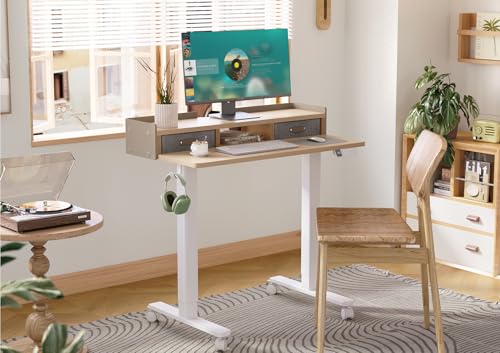 Claiks Standing Desk with Drawers, Adjustable Stand Up Electric Small Standing Desk Adjustable Height with Storage Shelf and Splice Board, 40 Inch, Natural - color: Nature, size: 39.4×23.6