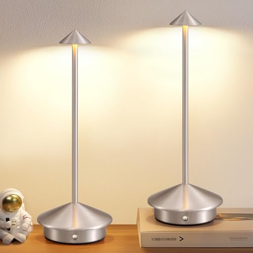 Modern Cordless Table Lamp Set of 2, Brushed Nickel LED Desk Lamps | 5000mAh, Rechargeable, Battery Operated Lighting for Bedroom, Dining Room, Restaurant, Coffee Shop, Camping, Night Light - color: Brushed Nickel (2 Pack)