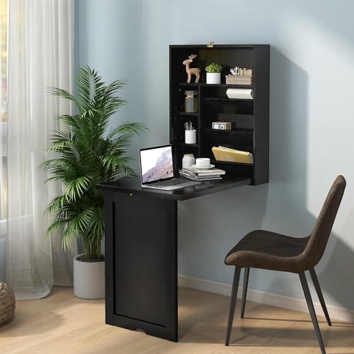 Wall Mounted Desk, Wood Collapsible Floating Desk, Convertible Computer Desk with Storage Area, Hanging Fold Out Table for Home Office, Small Spaces (Black) - color: Black