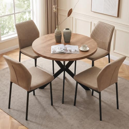 PU Leather Dining Chairs Set of 4, Mid-Century Modern Beige Leather Kitchen Chairs, Armless Dining Room Chairs with Black Metal Legs for Dining Room, Living Room - color: Beige, size: 4 chairs