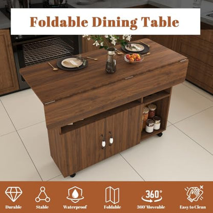 Folding Dining Table with Wheels, Drop Leaf Dinner Table with 2-Layer Storage, Space Saving Table for Small Spaces, Kitchen, Dining Room (Walnut) - color: Walnut