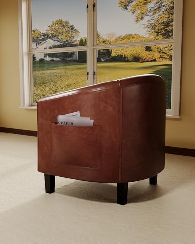 Leather Accent Chair, PU Leather Barrel Chairs, Comfy Round Club Armchair with Soft Cushion for Living Room, Bedroom, Reading, Waiting Room, Brown - color: Brown