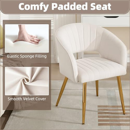 Velvet Home Office Desk Vanity Chair, No Wheels, Gold Legs, Off-White Cream | Modern Accent Chair with Stylish Stripe Design, Spacious‌ Soft Seat for Girls & Women Bedroom Makeup or Nail Table - color: Off-white Cream Velvet, No Wheels