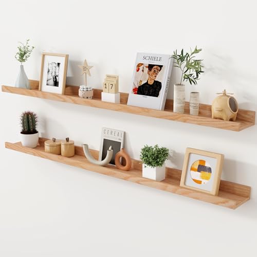 Oak Picture Ledge Shelf, 48 Inch Floating Shelves Set of 2, Solid Oak Wood Wall Shelves with Lip, Wall Decor Storage for Bedroom Living Room Bathroom Kitchen Nursery Photo Picture, Natural Oak - color: Nature, size: 48inch