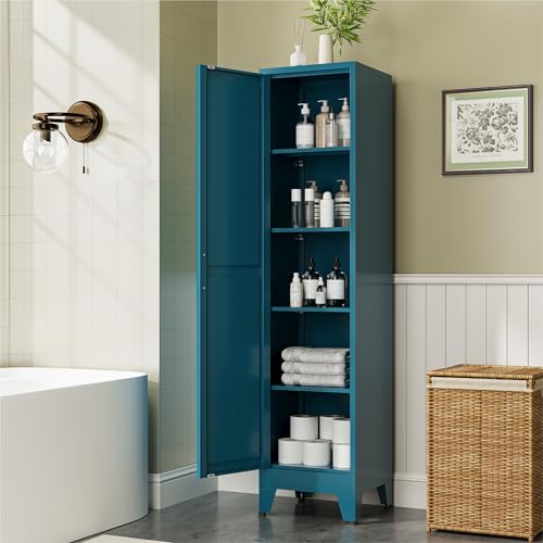 COFaR 67" Metal Narrow Storage Cabinet, Peacock Blue Slim Storage Cabinet with Magnetic Door & 4 Adjustable Shelves, Slim Freestanding Cupboard for Bathroom, Kitchen - color: Peacock Blue, size: 67"H 5 Tiers & Narrow