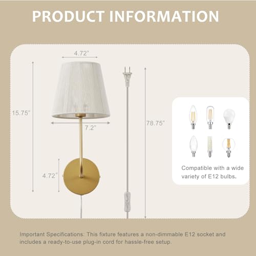 White Boho Wall Sconces Set of 2 Plug-in | Wall Light Brass Paint Finish with Natural Wicker Rattan Shade Hand Woven for Bedside, Living Room, Fireplace, Hallway - color: Brass Paint Finish