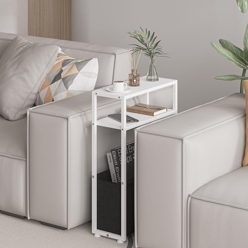 Leomonio Narrow Side Table, Slim End Tables with Fabric Basket, Skinny Table for Small Spaces, Thin Bedside Table for Living Room, Bedroom, White, ZBZ01 - color: White