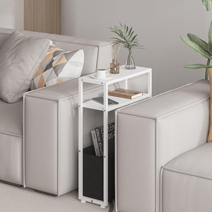 Leomonio Narrow Side Table, Slim End Tables with Fabric Basket, Skinny Table for Small Spaces, Thin Bedside Table for Living Room, Bedroom, White, ZBZ01 - color: White