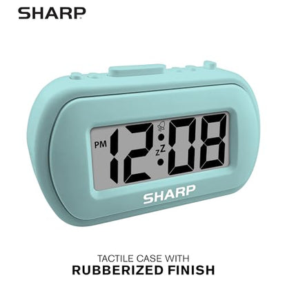 Sharp Battery Alarm Clock with Soft-Touch Case and Blue Backlight, Mint | Soft-touch rubberized case; Battery operated; Blue backlight on demand; Ascending alarm; Snooze; Easy to use - color: Mint