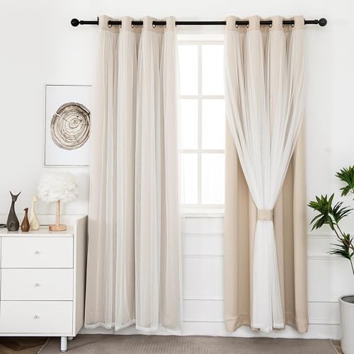 INLINAS Blackout Curtains with Sheer Overlay, Beige, 52x72 Inches | Grommet Top Double Layer Curtains for Bedroom and Living Room Thermal Reduction Light Blocking and Energy Saving, Set of 2 - color: Beige, size: 52"W x 72"L (Pack of 2)