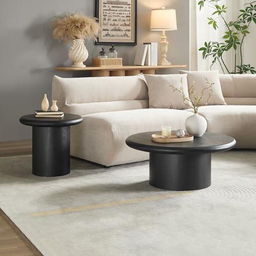 Round Nesting Coffee Table Set of 2, Modern 2-Piece Circle Wooden Center Table with Base, Accent Tea Table for Living Room Apartment, Easy Assembly, 31.5" & 20.87" (Black) - color: 31.5" & 20.87",black