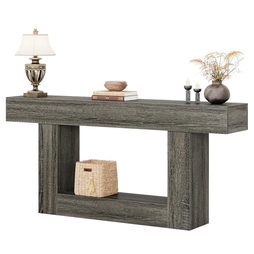 Tribesigns 63" Console Table, Farmhouse 2-Tier Entryway Table with U-Shaped Base, Narrow Long Wood Sofa Table Behind Couch Table for Living Room, Hallway, Foyer, Gray - color: Light Gray