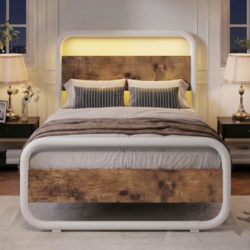 Twin Bed Frames, Metal Platform Twin Bed Frame with Wood Headboard, White | RBG LED Lights/Heavy Duty Metal Slats Support/12 in Under-Bed Storage/Noise-Free/No Box Spring Needed/Easy Assembly - color: White, size: Twin