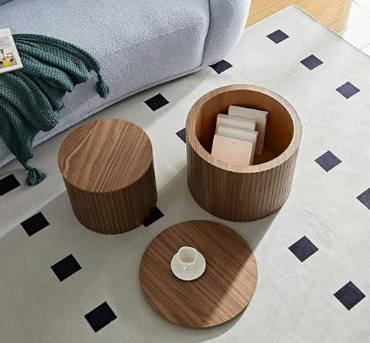 Round Coffee Table Set of 2 for Living Room, Wood Small Nesting Tables with Storage, Circle Side Table, Modern Accent End Table with Moveable Lid for Bedroom,Walnut - color: Walnut, size: 19.17"x19.17"x14.96"